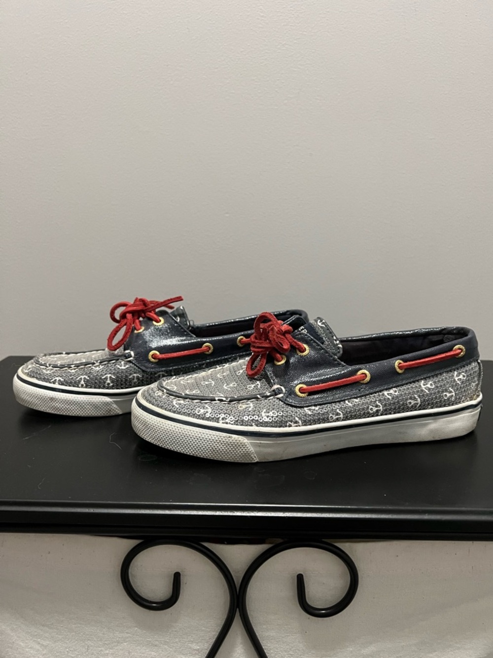 Sperry Navy Blue Sequin Boat Shoes with Red Laces